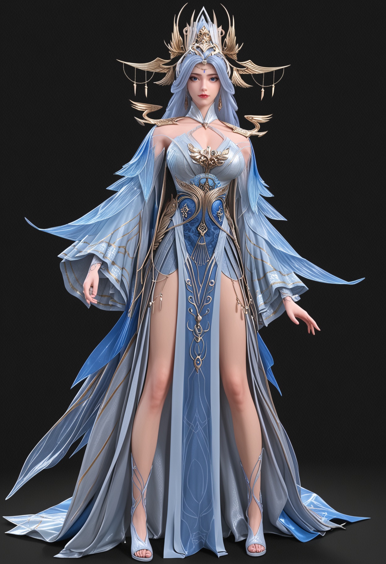 (looking_at_viewer:1.2),(full_body:1.1),(gigantic breasts:0.8),(slender:1.2),facing viewer,<lora:YQ_pony_ningyudie_V4:0.8>,1girl,q1528437228,solo,long hair,hair ornament,jewelry,blue eyes,dress,earrings,blue hair,mole under eye,grey hair,white hair,detached sleeves,footwear,(simple background,pure black background,black background:1.1),perfect_anatomy,