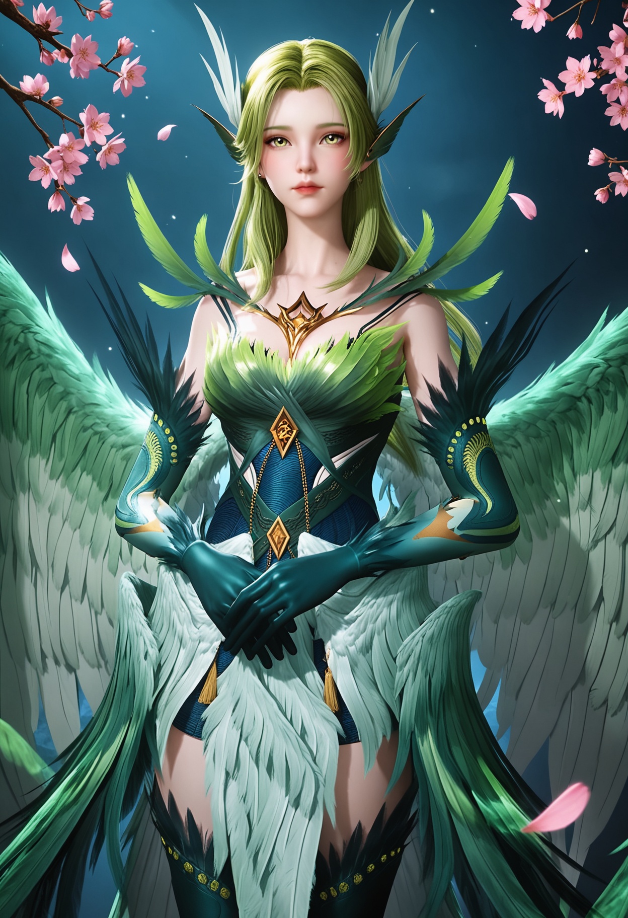 (cowboy shot:1.2),(looking at viewer:1.1),masterpiece,(best quality),smog,Dark room,dim lighting,peach blossom,falling petals,<lora:YQ_Illustrious光辉v5_碧姬_V1:0.8>,q1528437228,solo,1girl,long hair,green hair,feathers,green eyes,blonde hair,hair ornament,pointy ears,wings,gloves,dress,green wings,elbow gloves,jewelry,feathered wings,green dress,thighhighs,armor,yellow eyes,earrings,green feathers,multiple wings,