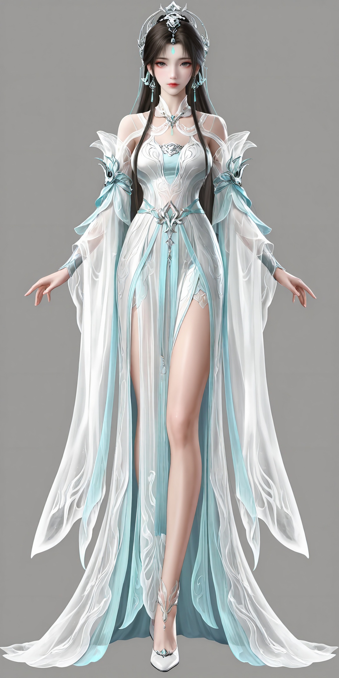 masterpiece,high quality,tall,game cg,highres,(soft light:1.2),white_skin,(shiny_skin:0.6),(realistic:1.1),lvjing,<lora:清漪·新建模ILL:0.6>,qingyi,1girl,solo,jewelry,upper body,long hair,earrings,hair ornament,forehead mark,dress,facial mark,white dress,closed mouth,looking at viewer,grey background,simple background,brown hair,black hair,legs,long legs,white footwear,full body,