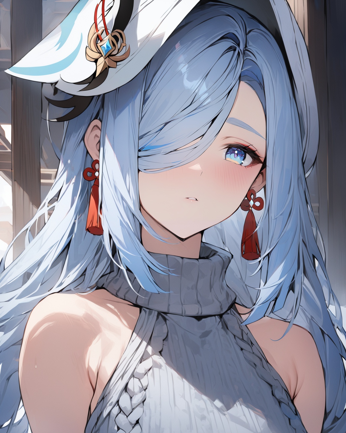 <lora:原神申鹤60XL_v10:1>,shenhe,genshin impact+ Detailed face +,1girl,solo,long hair,(headwear:1.3),blue eyes,looking at the audience,tassel earrings,hair covering one eye,bangs,virgin_killer_sweater+, masterpiece, best quality