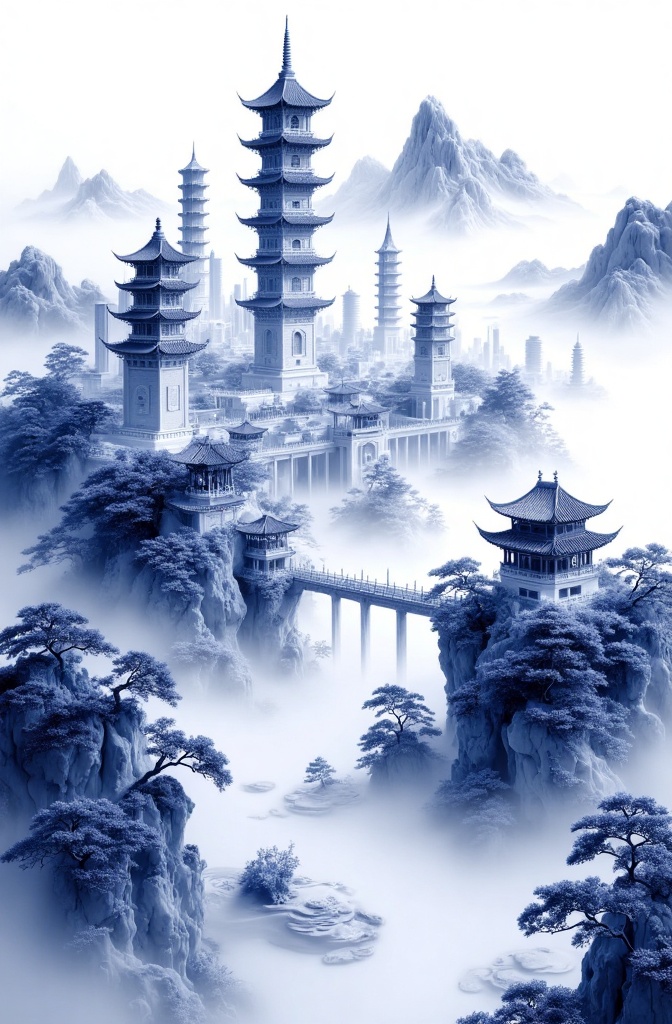 qinghua,qinghua A digital drawing in a monochromatic blue palette depicts a serene, misty landscape with towering mountains, traditional East Asian pagodas, and lush trees. The scene is ethereal, blending fantasy and reality, with intricate architectural details and a tranquil atmosphere. The style is reminiscent of traditional Chinese ink wash paintings. 