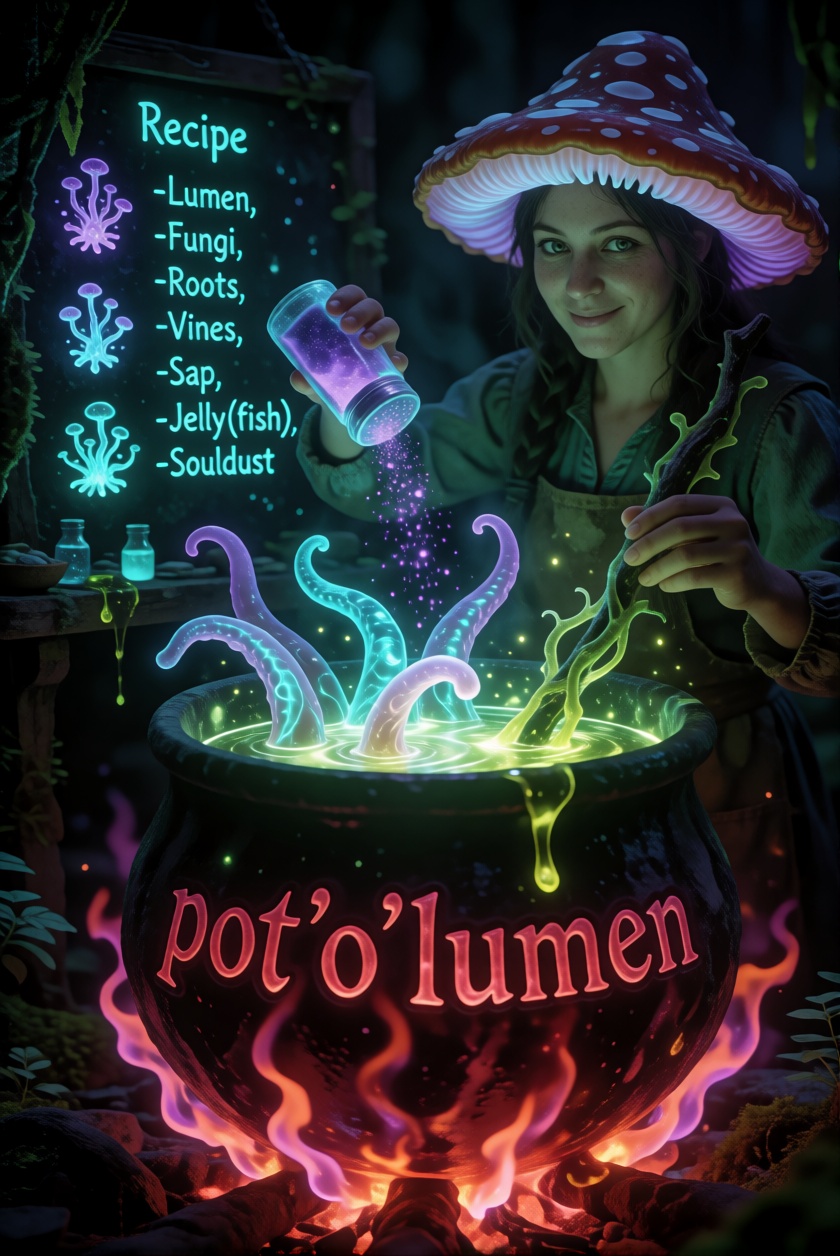 tic_biolum_jungle,  alchemist lab with a big cauldron,  embossed text in a red-hot color "pot'o'lumen" on Tensor.Art
