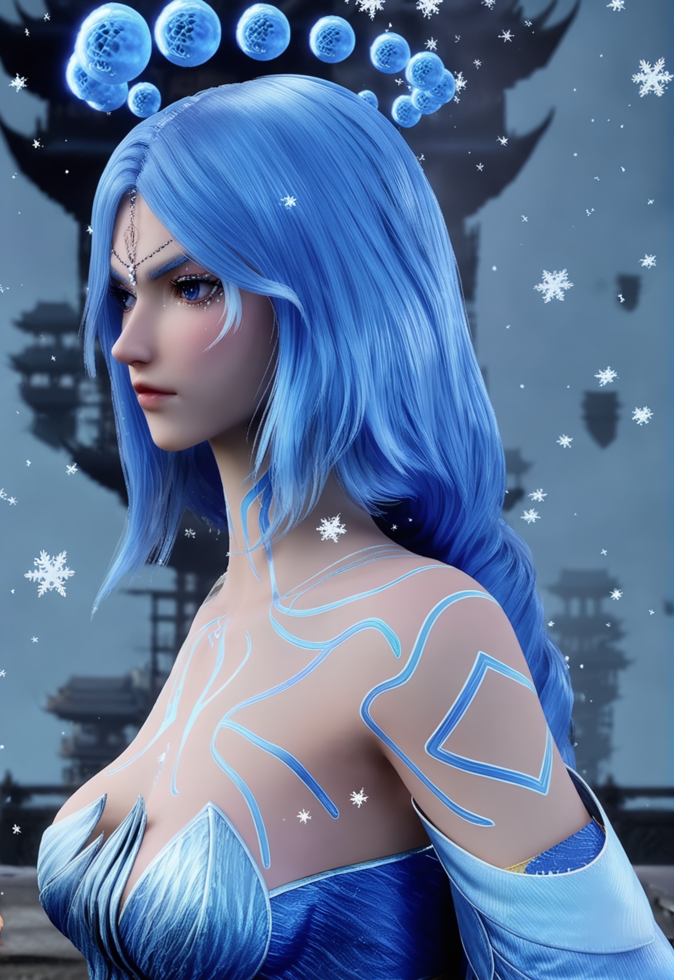 <lora:李少英根基姿态:1>,1girl,solo,long hair,breasts,blue eyes,hair ornament,bare shoulders,blue hair,upper body,book,tattoo,snowflakes,
