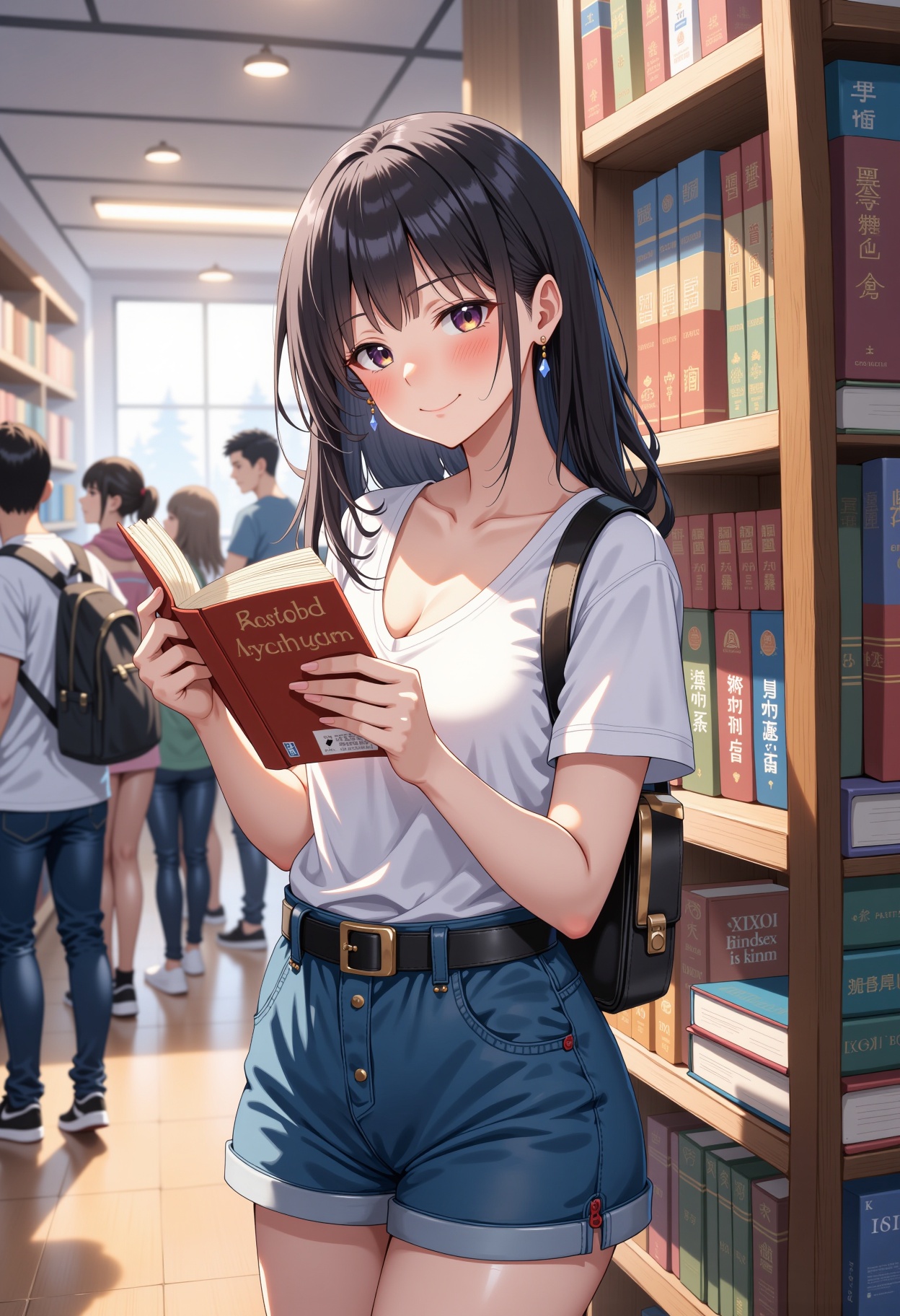 This is digital illustration in the anime style,  depicting a young woman in casual outfit. She stands while reading book...