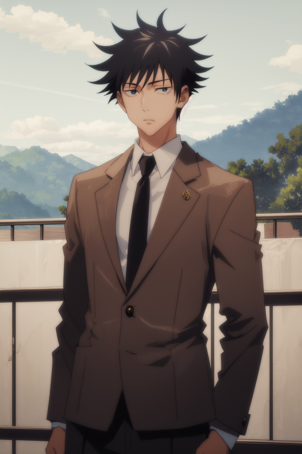 <lora:Fushiguro-000016:0.9>,Fushiguro CYQL,1boy,looking at viewer,solo,male focus,black hair,short hair,spiked hair,black eyes,brown tweed suit, ivory dress shirt, knitted tie, brown suede brogues,portrait,from_above,Rising steam from mountain hot springs twists and curls in the chilly air, carrying the scent of minerals,beautiful detailed sky,beautiful detailed glow,masterpiece,best quality,beautiful and aesthetic,wallpaper,