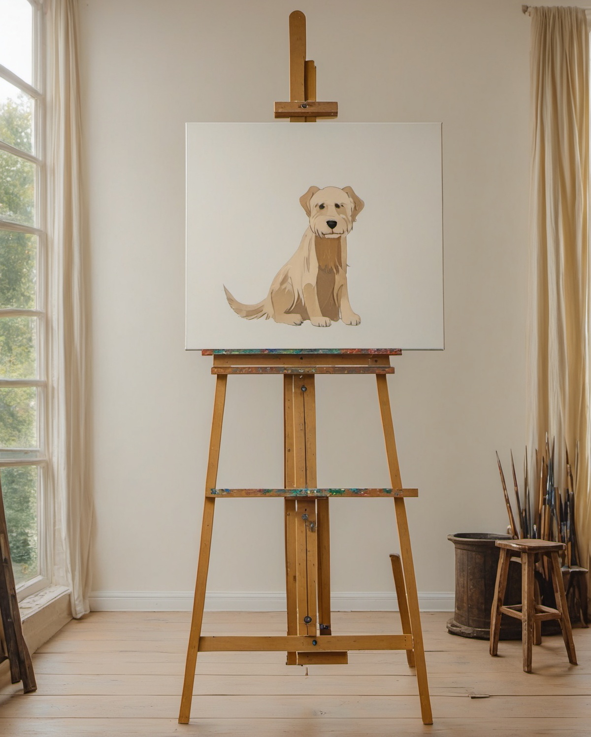 Generate a photorealistic image of a painting on an easel . The painting features in a minimalist,  brushstroke style,  ca...