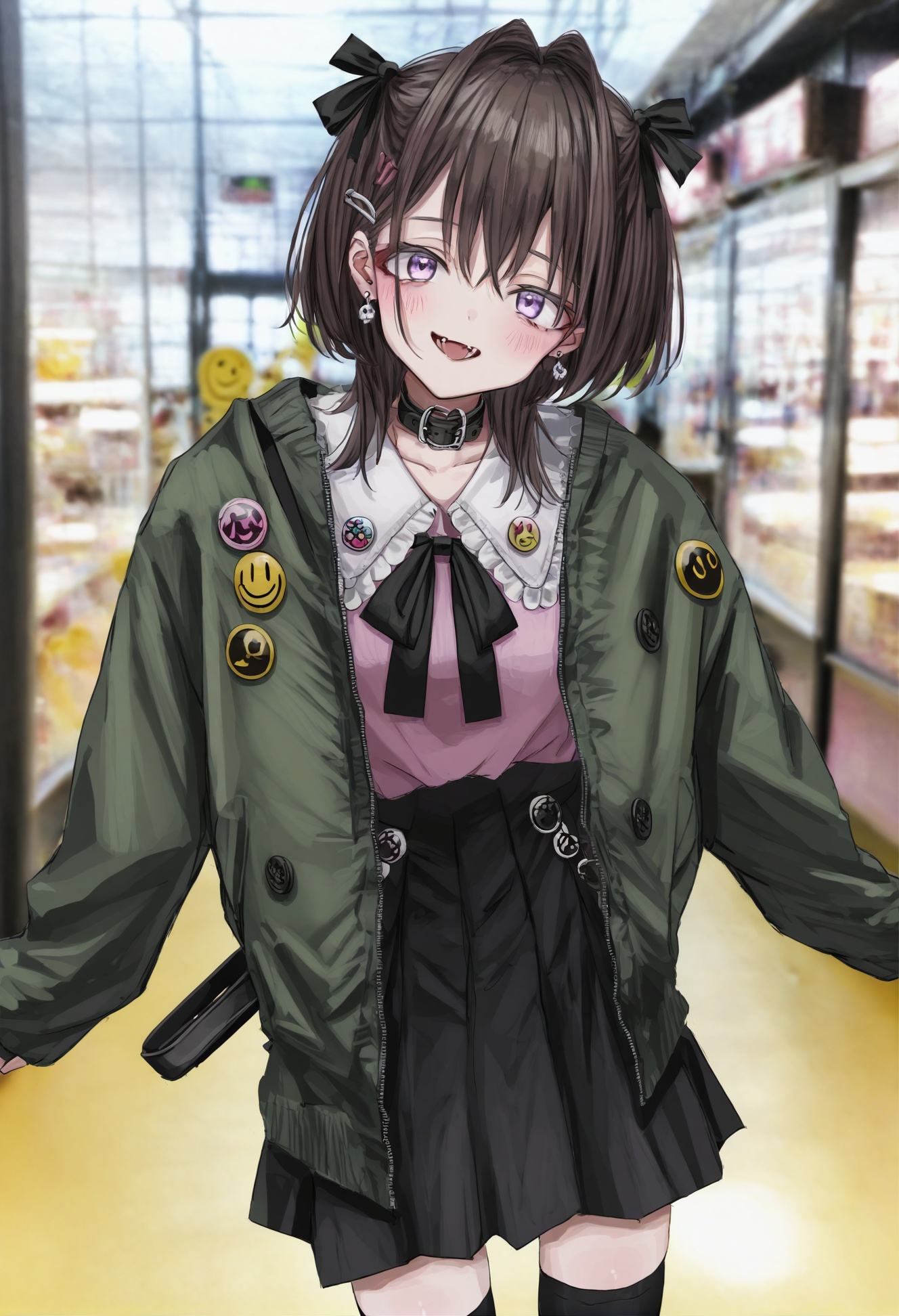 masterpiece, best quality,1girl, ribbon, solo, black ribbon, skirt, jacket, black skirt, thighhighs, hair ornament, looking at viewer, blush, hair ribbon, shirt, photo background, black thighhighs, green jacket, badge, jewelry, earrings, frills, open mouth, black hair, collar, neck ribbon, smile, purple eyes, bag, cowboy shot, pink shirt, button badge, hair intakes, medium hair, hairclip, jirai kei, long sleeves, smiley face, bangs, pink eyes, fang, brown hair, open clothes, hair between eyes  <lora:GUXLlokr8f-000183:0.95>