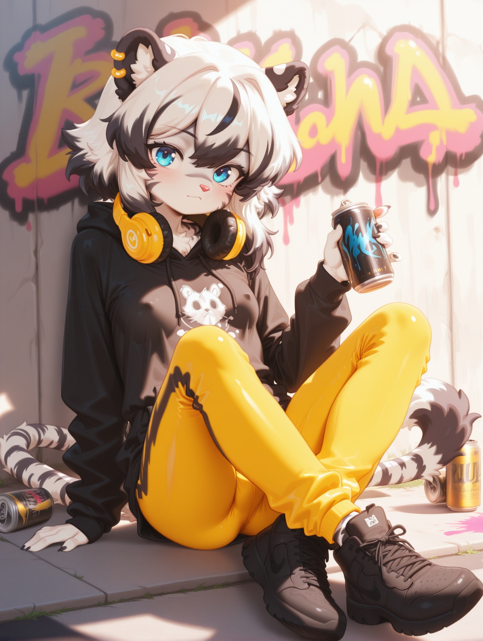 1girl,solo,looking_at_viewer,long_sleeves,holding,sitting,closed_mouth,full_body,shoes,pants,hood,black_footwear,hoodie,headphones,can,black_hoodie,headphones_around_neck,holding_can,paint_splatter,graffiti,yellow_pants,spray_can,furry,<lora:baihu-000080:0.8>,furry,blue eyes,wave hair,streaked_hair,white and black hair,tail,long tail,ear_piercings,ear_rings,nipple_piercings,nipple_rings,black fingernails,animal feet,pink paw,small breasts,baihu,