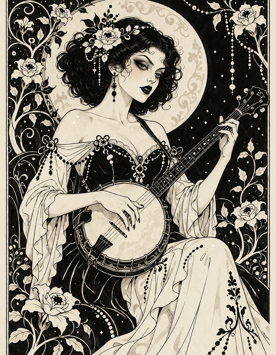 a gothic bombshell girl playng the banjo on Tensor.Art
