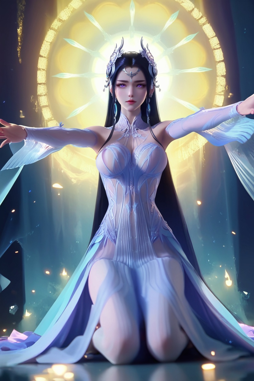 (Kneeling, arms outstretched,:1.2),(looking at viewer:1.1),<lora:XL16神国之上叶婵宫:0.95>,miss yechangong,sheer blue chiffon corset gown,violet eyes,forehead pendan,black hair,very long hair,hair ornament,earrings,jewelry,(large breasts:1.2),, score_9,score_8_up,score_7_up,score_6_up,score_5_up,score_4_up,3d rendering,tag1,tag2, Cinematic Lighting,backlighting,
