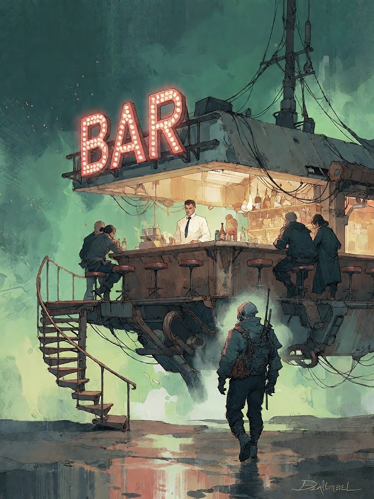 Bradhamel art style. A cyberpunk-style illustration of a floating,  industrial bar suspended in a misty,  neon-green night...