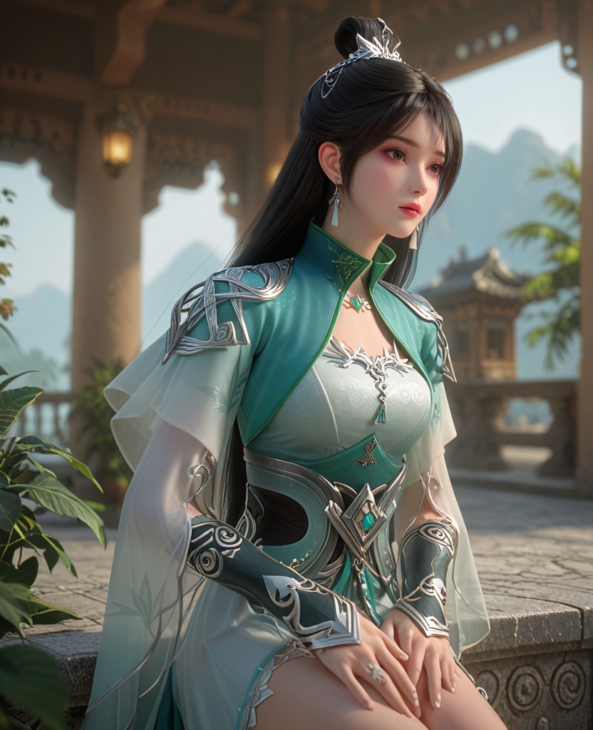 (oriental architecture, elegant decor, sophisticated style:1.1),(hands on knees:1.1),(breasts:1.2),<lora:XL百炼成神路人欣欣:0.95>,miss xinxin,black hair,jewelry,dress,earrings,long hair,hair ornament,hair bun,necklace,green dress,brown eye,, zPDXL2, score_9, score_8_up, score_7_up BREAK realistic, masterpiece,best quality, highly detailed,, zPDXL3, zPDXL2,zPDXL, zPDXLxxx, zPDXLrl,