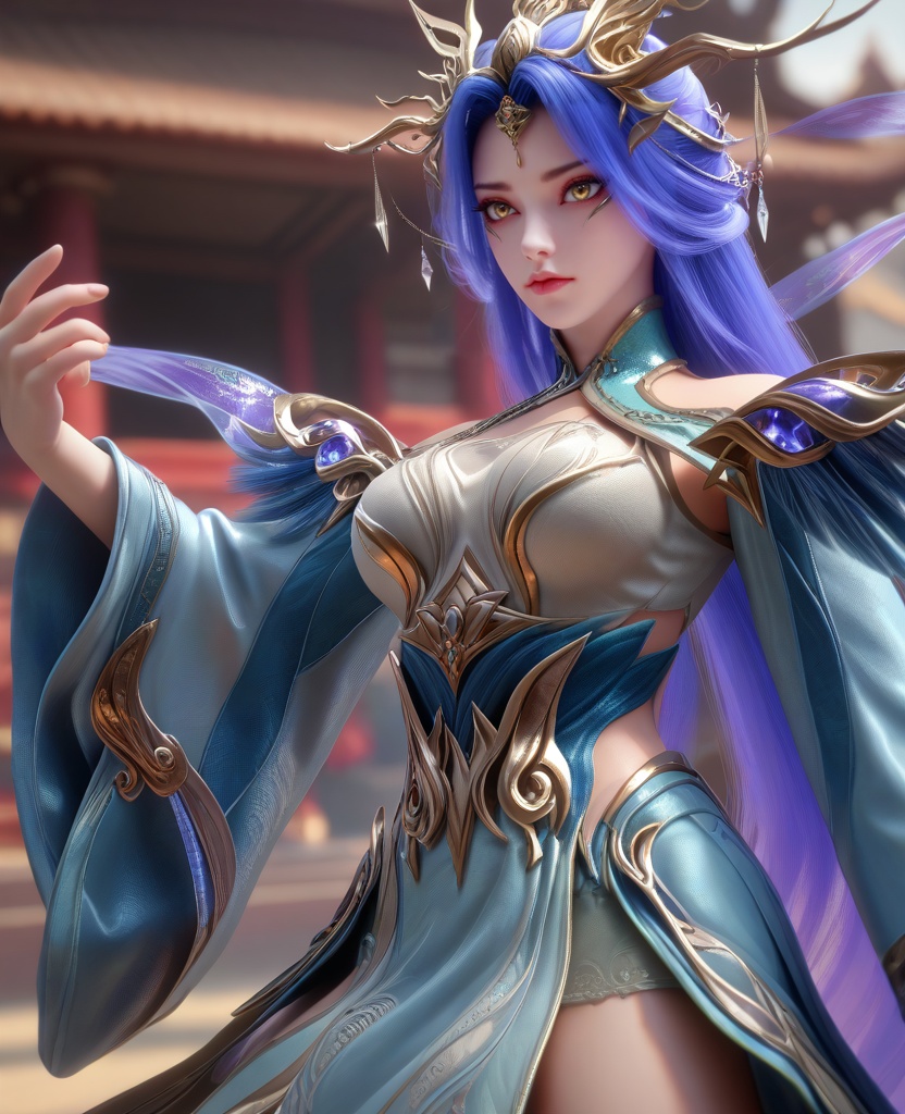 (oriental architecture, elegant decor, sophisticated style:1.1),(Martial Arts Stance, A poised and balanced stance, ready to engage in hand-to-hand combat,:1.1),(breasts:1.2),<lora:XL16克金玩家则天女帝:0.95>,goddess,pale blue tiered high-low gown,yellow eyes,violet hair,very long hair,hair ornament,hagoromo,wide flowing sleeves,sash,, zPDXL2, score_9, score_8_up, score_7_up BREAK realistic, masterpiece,best quality, highly detailed,, zPDXL3, zPDXL2,zPDXL, zPDXLxxx, zPDXLrl,