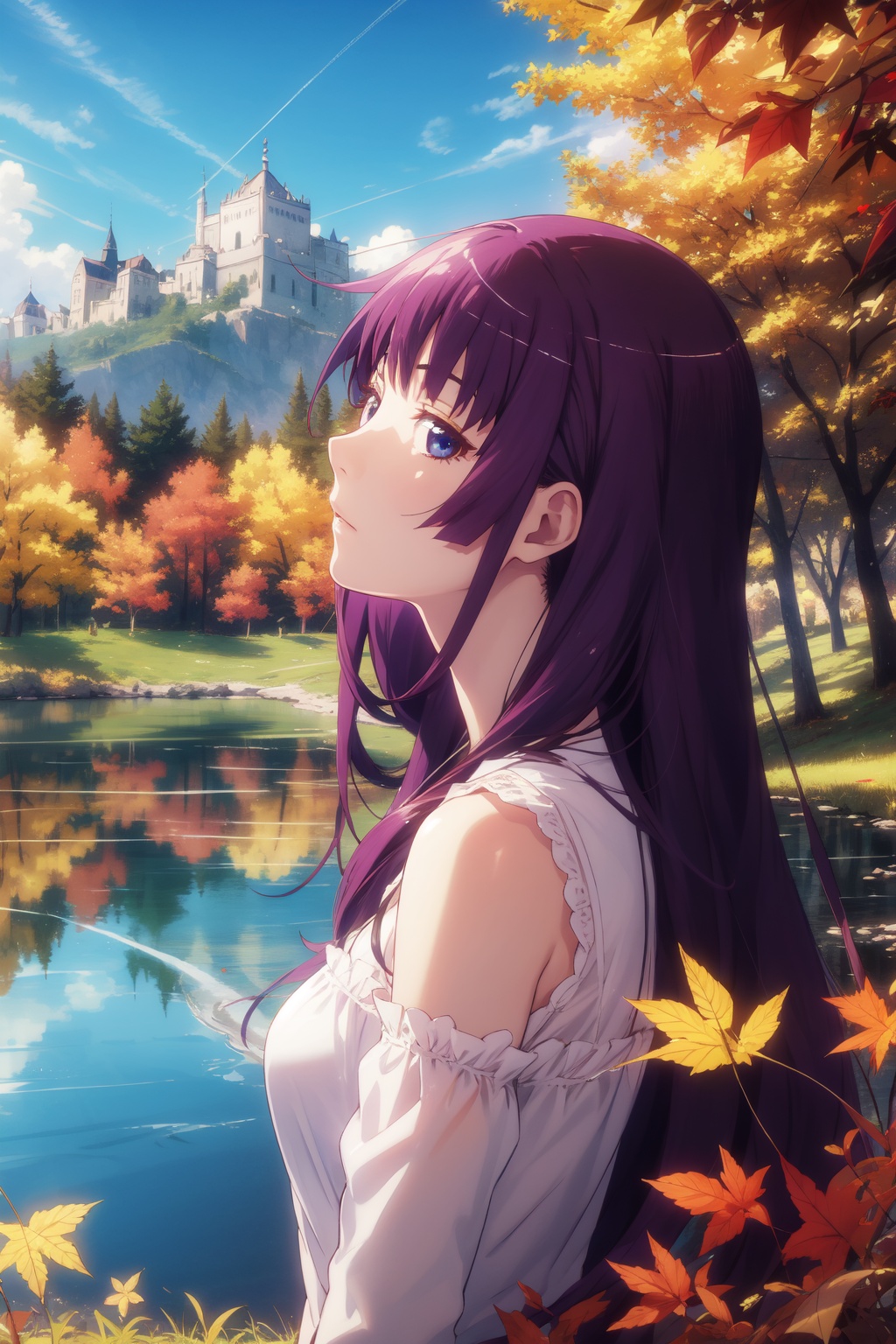 <lora:Hitagi-000008:0.8>,Hitagi CYQL,1girl,looking at viewer,solo,long hair,purple hair,blue eyes,Ruffle hem wrap dress,Naughty, A mischievous grin, a wink, and a playful attitude.,profile,beautiful face,beautiful eyes,glossy skin,shiny skin,Autumn, Foliage, Lake, Reflection, Mountains, Colors, Serenity, Tranquility,(Lemon trees, Citrus fragrance, Lemon orchard, Morning sunlight, Mediterranean landscape, Harvest time:0.6),beautiful detailed sky,beautiful detailed glow,masterpiece,best quality,beautiful and aesthetic,wallpaper,