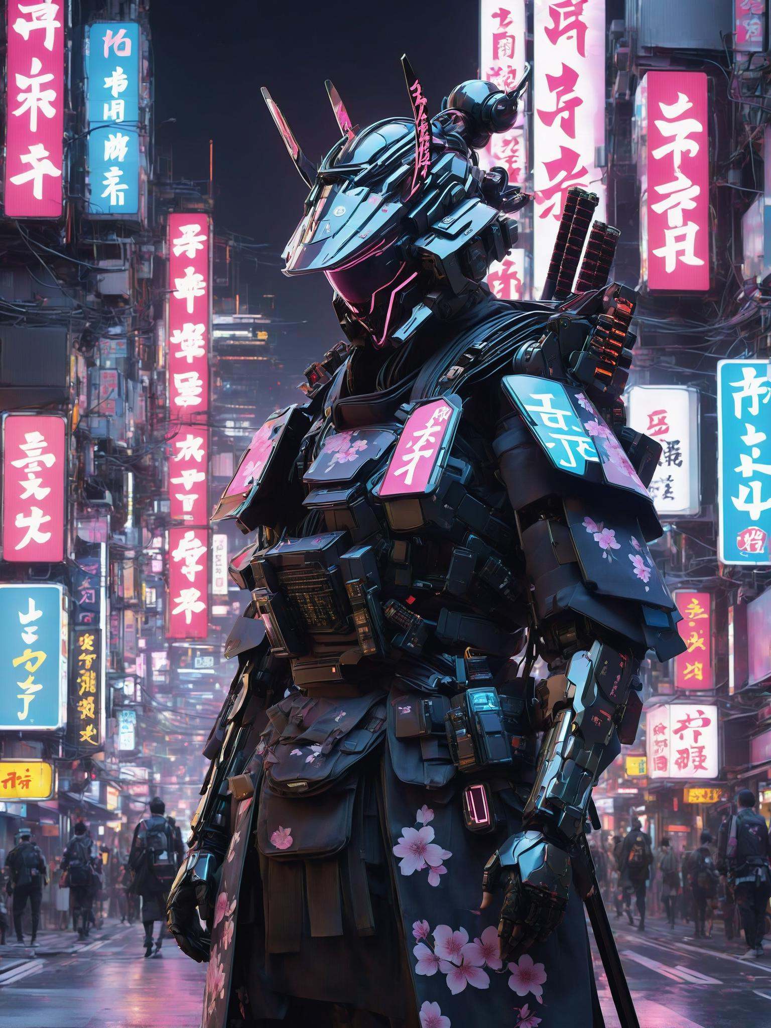 In a futuristic cyberpunk world blending traditional Japanese aesthetics with advanced technology,  a lone cyborg samurai...