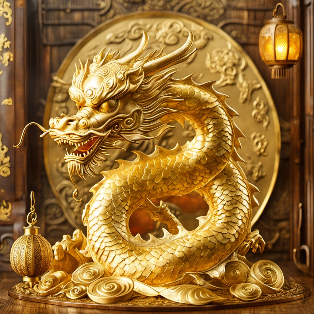 There is a golden dragon on the mahogany table,with a golden disc on its base and a golden vintage lantern hanging on its scales. The background is a vintage window with engraved text,<lora:---long-XL:0.9>,