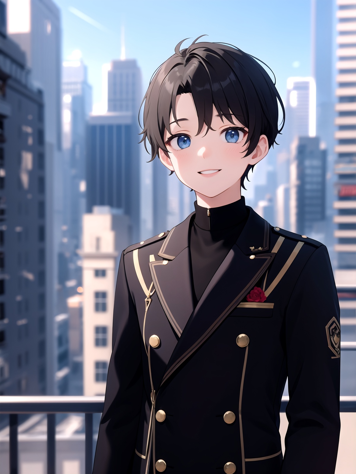 (best quality),((masterpiece)),1boy,solo,kind_smile,standing,city,cityscape,blur background,(bust:1.2),(upper_body:1.2),(front view:1.2),(depth of field:1.2),(looking_at_viewer:1.2),