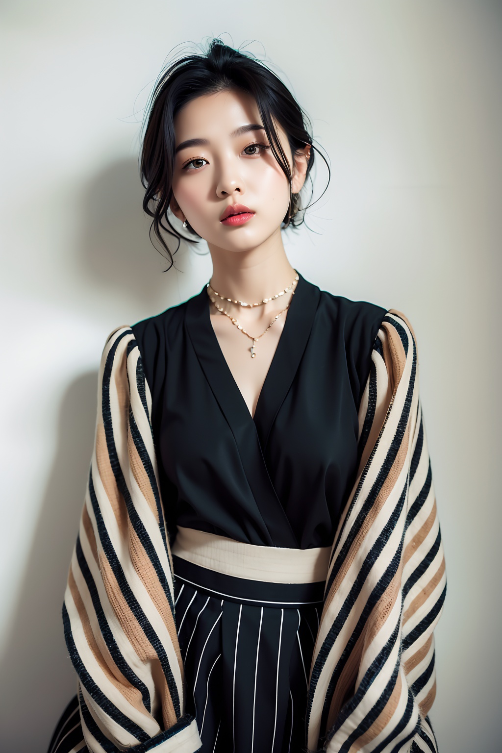 1girl, solo, black hair, necklace, jewelry, simple background, realistic, parted lips, looking at viewer, lips, grey background, short hair, striped, black eyes, skirt, long sleeves, sleeves past wrists