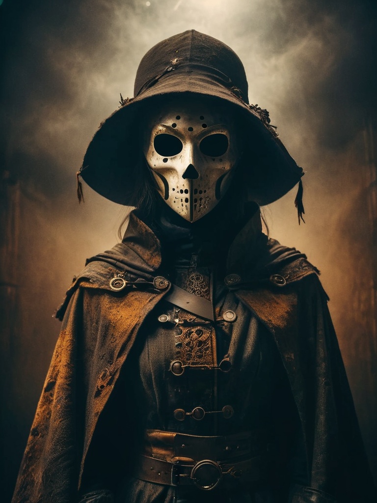 woman with rotten plague doctor mask and a outworn detailed old high collar cyberpunk Samurai jacket,  Large linen cape,...