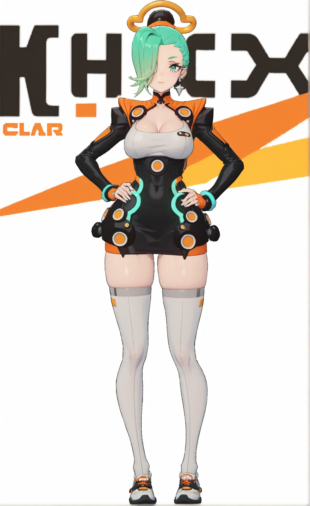 8k, best quality, masterpiece, (ultra-detailed), (high detailed skin), (white background), (full body:1.2), (white background), standing, looking at viewer, (solo:1.2), hands on  hip, <lora:zzzstyle-A3-Tanger-000014:0.8>, bosha, bosha's def clothes, zzz style, green hair, 1girl, cleavage, jacket, white thighhighs, long sleeves, thighhighs, breasts, green eye, earrings, (hair over one eye:1.2), 
