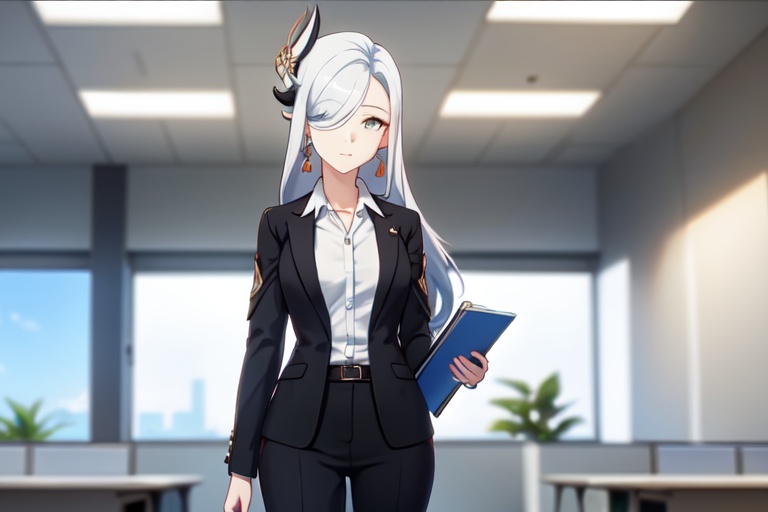 masterpiece,best quality,<lora:shenhe:0.5>,shenhe (genshin impact),1girl,solo,white hair,grey hair,long hair,hair over one eye,earrings,hair ornament,looking at viewer,(office lady:1.5),(business_suit:1.5),
