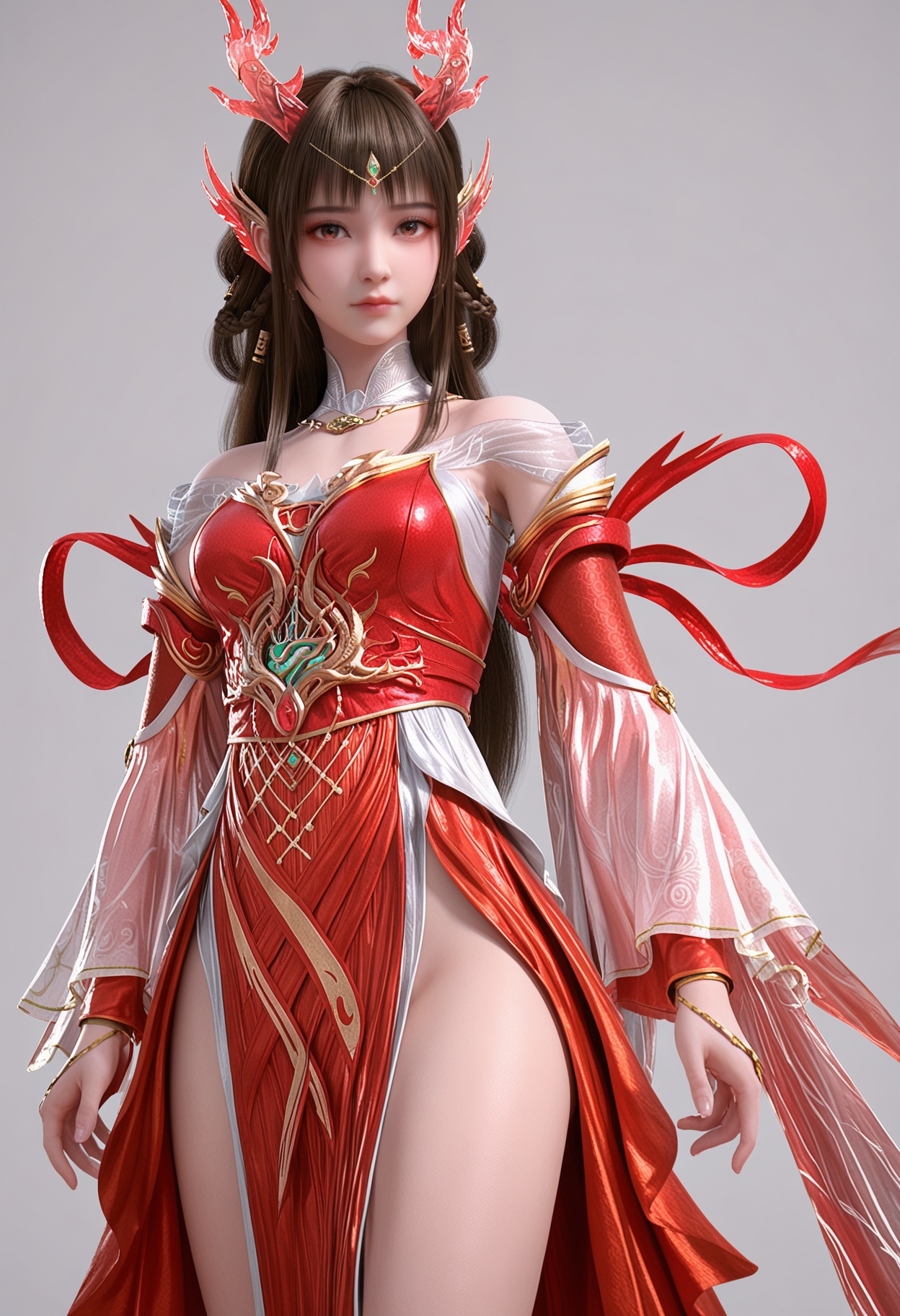 score_9,high detail,best quality,shiny skin,shiny,yunluolygz,1girl,solo,brown eyes,brown hair,long hair,white background,hair ornament,red dress,dress,closed mouth,dragon horns,bare shoulders,jewelry,detached sleeves,simple background,detached collar,braid,realistic,long sleeves,hair rings,looking at viewer,thighs,<lora:QQSponyyunluolygzV1:0.8>,<lora:Pony_DetailV2.0:0.8>,<lora:皮肤凹痕:0.1>,