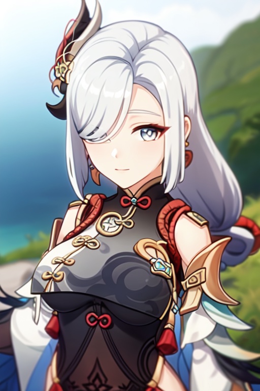 masterpiece,best quality,white background,<lora:shenhe:0.8>,shenhe (genshin impact),1girl,solo,white hair,grey hair,long hair,hair over one eye,earrings,hair ornament,chinese clothes,bodysuit,looking at viewer,