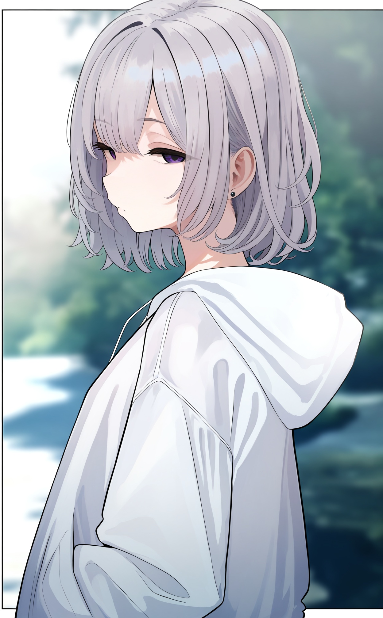 masterpiece,absurdres,best quality,loli,petite,high quality,//,1girl, solo, hood, hoodie, grey_hair, stud_earrings, looking_at_viewer, earrings, white_hoodie, jewelry, upper_body, hood_down, short_hair, blurry_background, hand_in_pocket, outdoors, blurry, closed_mouth, looking_to_the_side, from_side, expressionless, outside_border, hands_in_pockets, purple_eyes, half-closed_eyes, long_sleeves//,<lora:TuriSasu2——【noob】hans:1>,