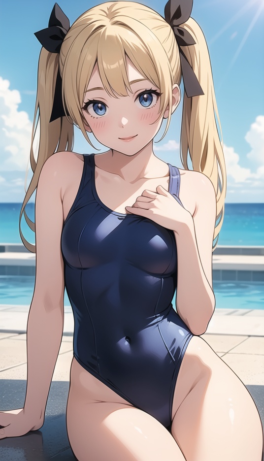 (best quality), ((masterpiece)), (highres), illustration, original, extremely detailed,1girl, marie rose, solo, blonde hair, swimsuit, one-piece swimsuit, blue eyes, twintails, frilled swimsuit, long hair, breasts, blue one-piece swimsuit, hair ribbon, ribbon, x hair ornament, frills, hair ornament, covered navel, smile, black ribbon, hands on own chest, small breasts, sitting, bare shoulders, blush