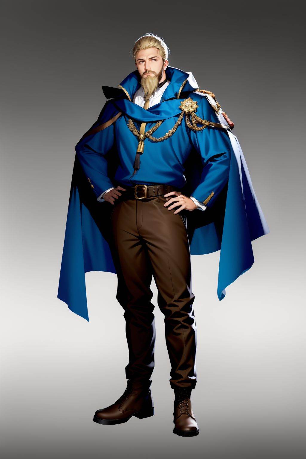<lora:20250501_AgainGameCharacterLora:1>, 1boy, solo, male focus, facial hair, brown footwear, boots, full body, hands on own hips, cape, standing, belt, blonde hair, looking at viewer, brown belt, beard, pants, grey background, gradient background, long sleeves, bag, simple background, 