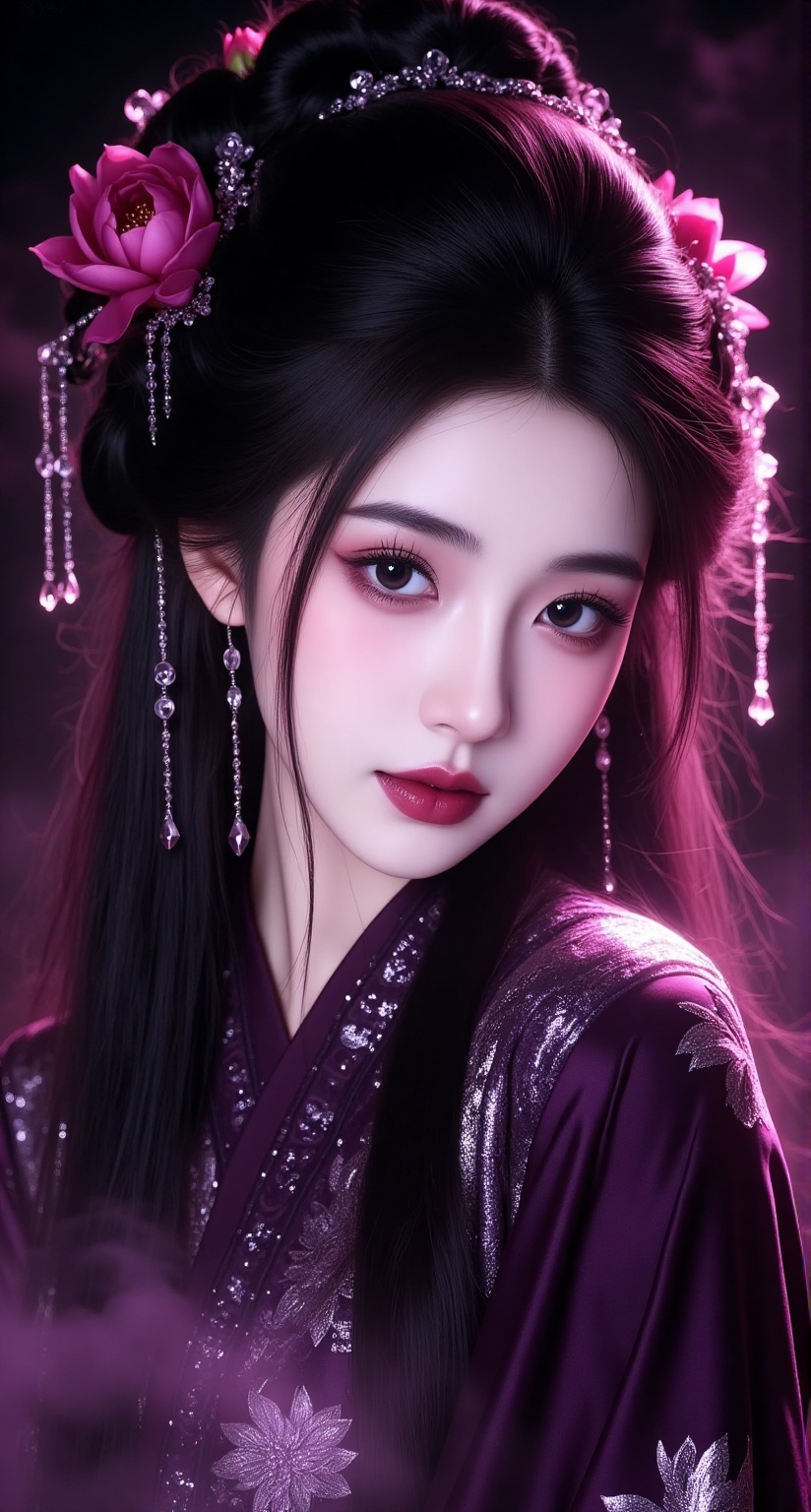 Purple Fairy,beauty,This is a highly detailed digital artwork created in a surrealist style, depicting a young woman with East Asian features. She has fair skin and long straight black hair styled in an elaborate updo adorned with delicate floral accessories. Her hair is decorated with large and vibrant pink lotuses and cascading crystal beads that catch the light. She wears a dark purple traditional Chinese robe with intricate embroidery patterns shimmering with silver and gold threads. Her makeup is striking, with dark and dramatic eyes accentuated by thick eyeliner and mascara, and deep red lipstick contrasting sharply with her pale skin. She has a serene, almost ethereal expression, gazing directly at the viewer with a hint of a smile. The background is smoky dark purple, adding an air of mystery and otherworldliness to the image. Soft lighting creates a gentle glow that highlights her features as well as the texture of her clothing and accessories. The overall aesthetics blend traditional Chinese elegance with modern digital art, capturing a moment of timeless beauty.