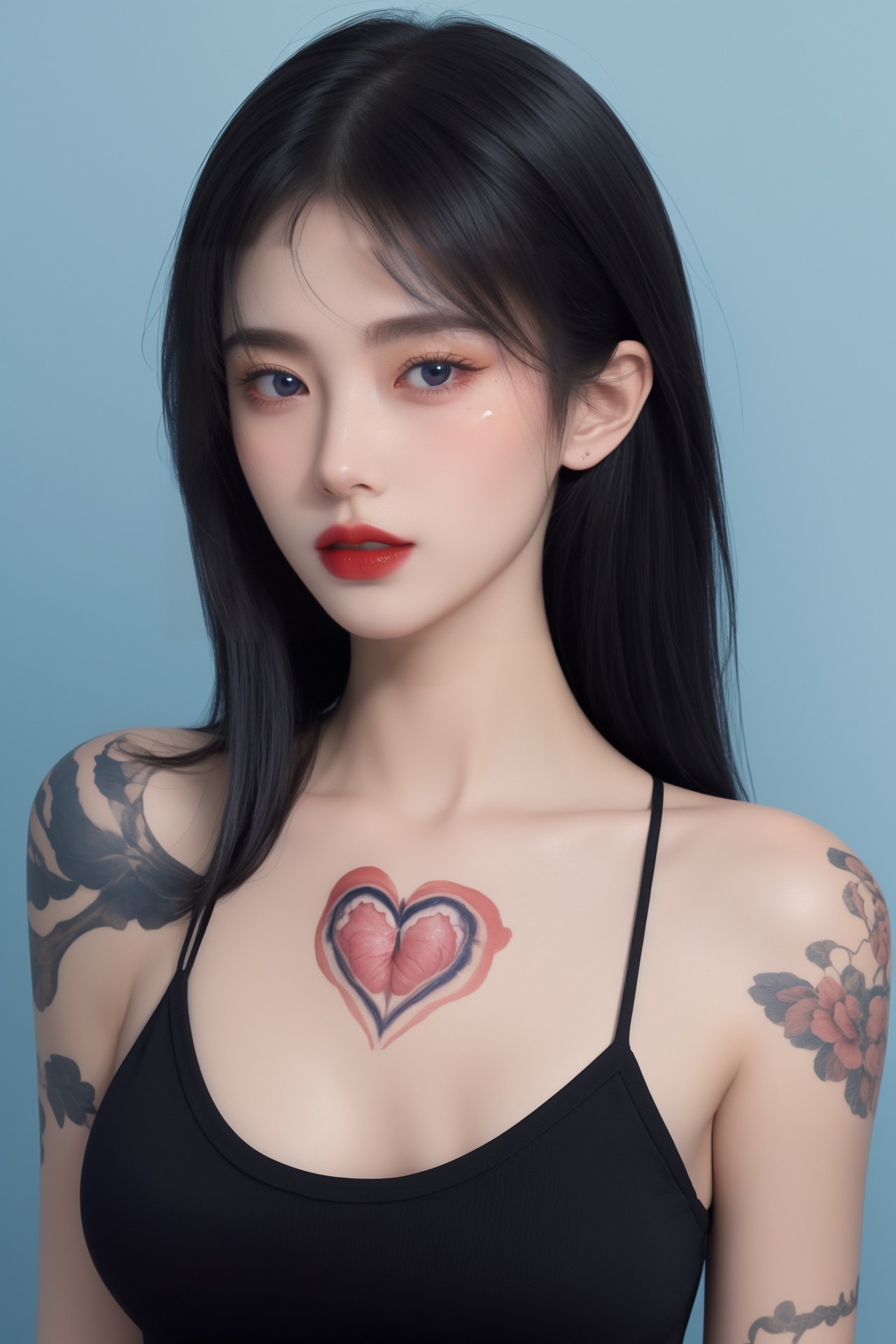 1girl, arm tattoo, bangs, bare shoulders, blue background, blue eyes, blue hair, body writing, breasts, facepaint, facial mark, facial tattoo, gradient, gradient background, hair ornament, heart tattoo, lips, lipstick, long hair, makeup, medium breasts, number tattoo, parted lips, red lips, shoulder tattoo, sleeveless, solo, tattoo, upper body ,huge breast<lora:绘画美女1.0:0.8>