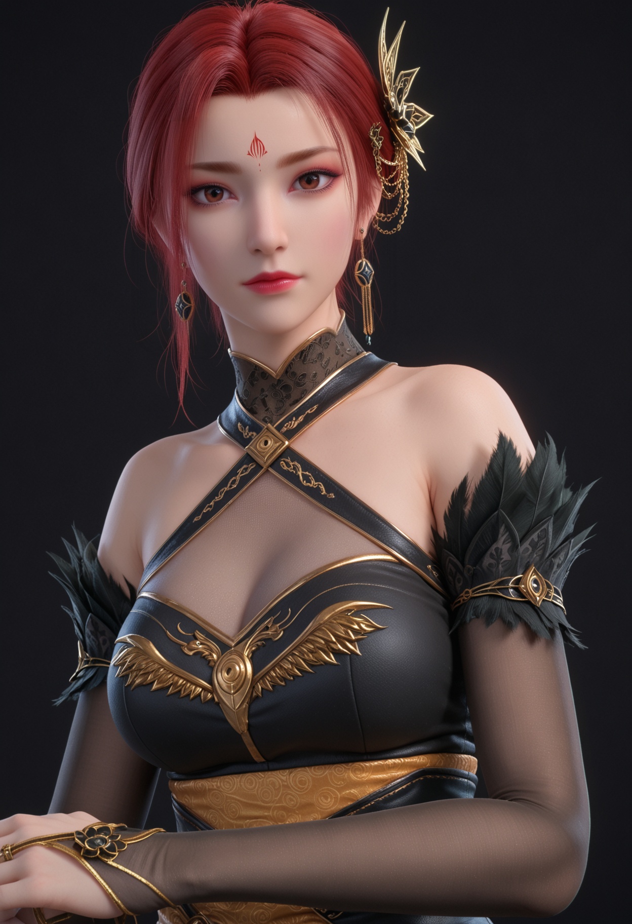 (score_9:1.1),(perfect_anatomy:1.1),upper_body,blurry background,depth of field,(looking_at_viewer:1.1),<lora:YQponyyafeiV3:0.8>,1girl,q1528437228,solo,red hair,jewelry,earrings,dress,hair ornament,bare shoulders,breasts,forehead mark,short hair,cleavage,gloves,elbow gloves,pantyhose,brown eyes,high heels,black dress,(simple background,pure black background,black background:1.3),perfect_anatomy BREAK perfect_anatomy,(score_9:1.1),cinematic lighting,volumetric lighting,professional lighting,perfect_anatomy,