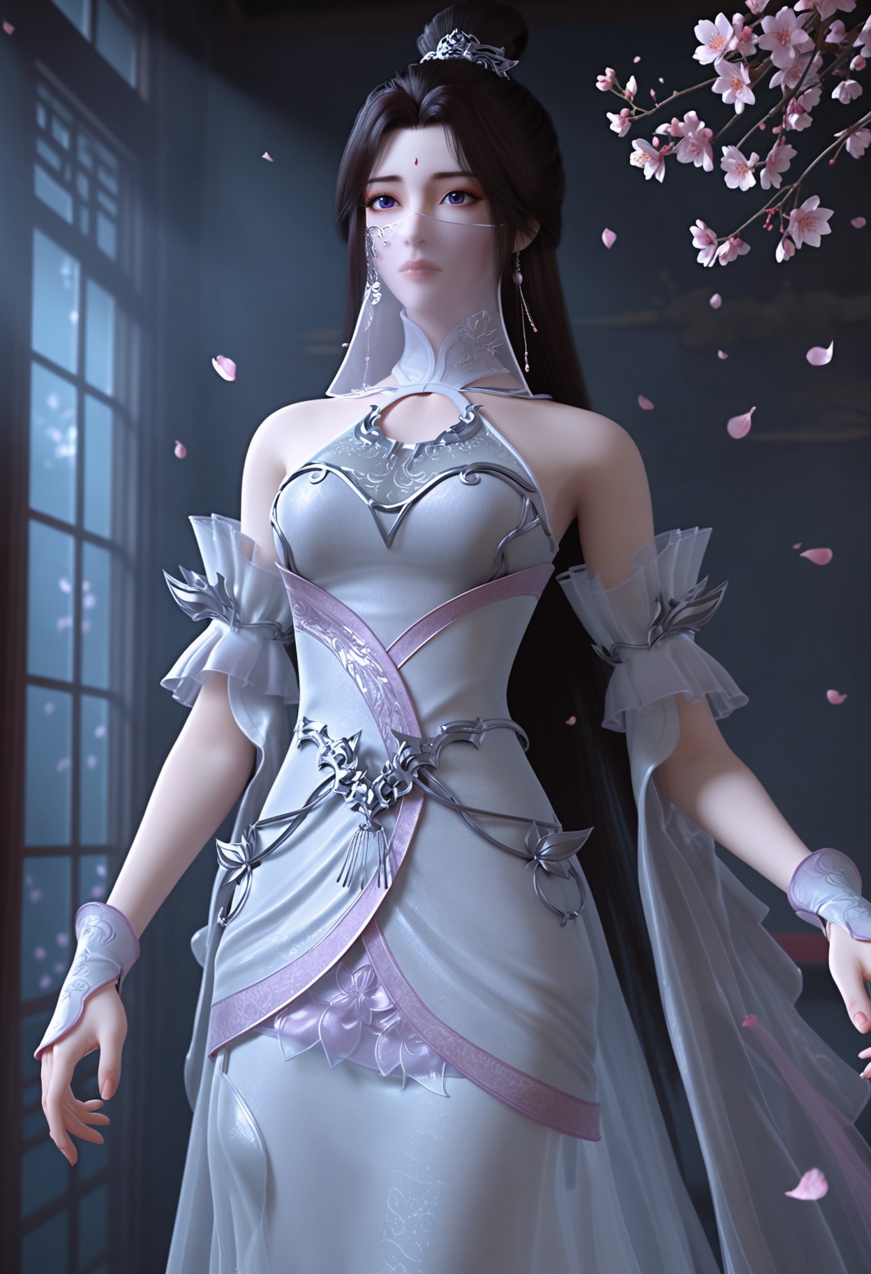 (cowboy shot:1.2),(looking at viewer:1.1),masterpiece,(best quality),smog,Dark room,dim lighting,peach blossom,falling petals,<lora:YQ_Illustrious光辉v5_月婵2.0_V2:0.8>,q1528437228,1girl,solo,long hair,white dress,jewelry,earrings,forehead mark,black hair,brown hair,hair ornament,hair bun,mouth veil,detached sleeves,single hair bun,purple eyes,breasts,expressionless,shoes,see-through,