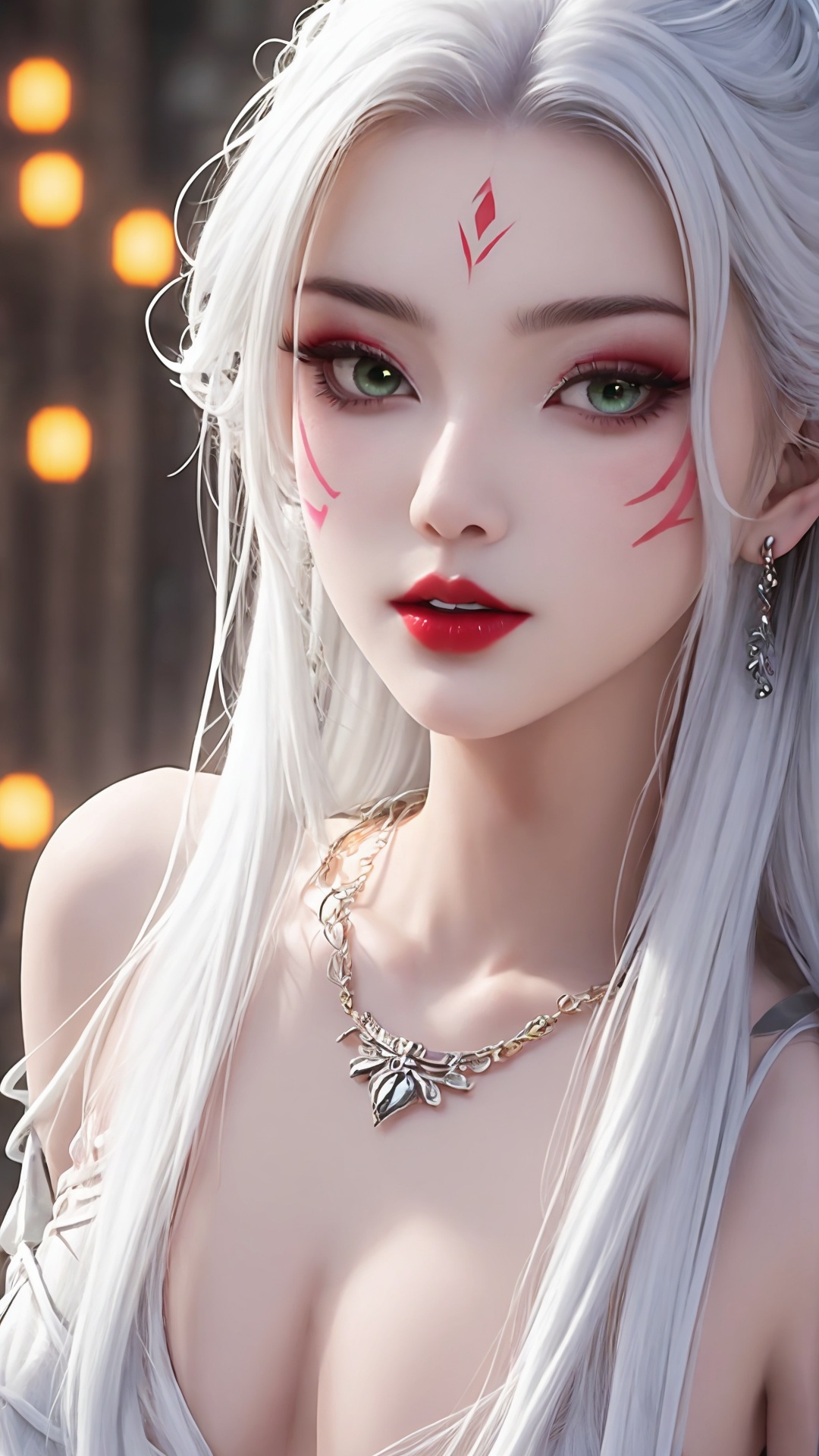 1girl,solo,green eyes,long hair,white hair,looking at viewer,facial mark,lips,blurry,portrait,forehead mark,red lips,bare shoulders,closed mouth,makeup,<lora:girl miaojiangxiaobai_20240912173536:0.7>,