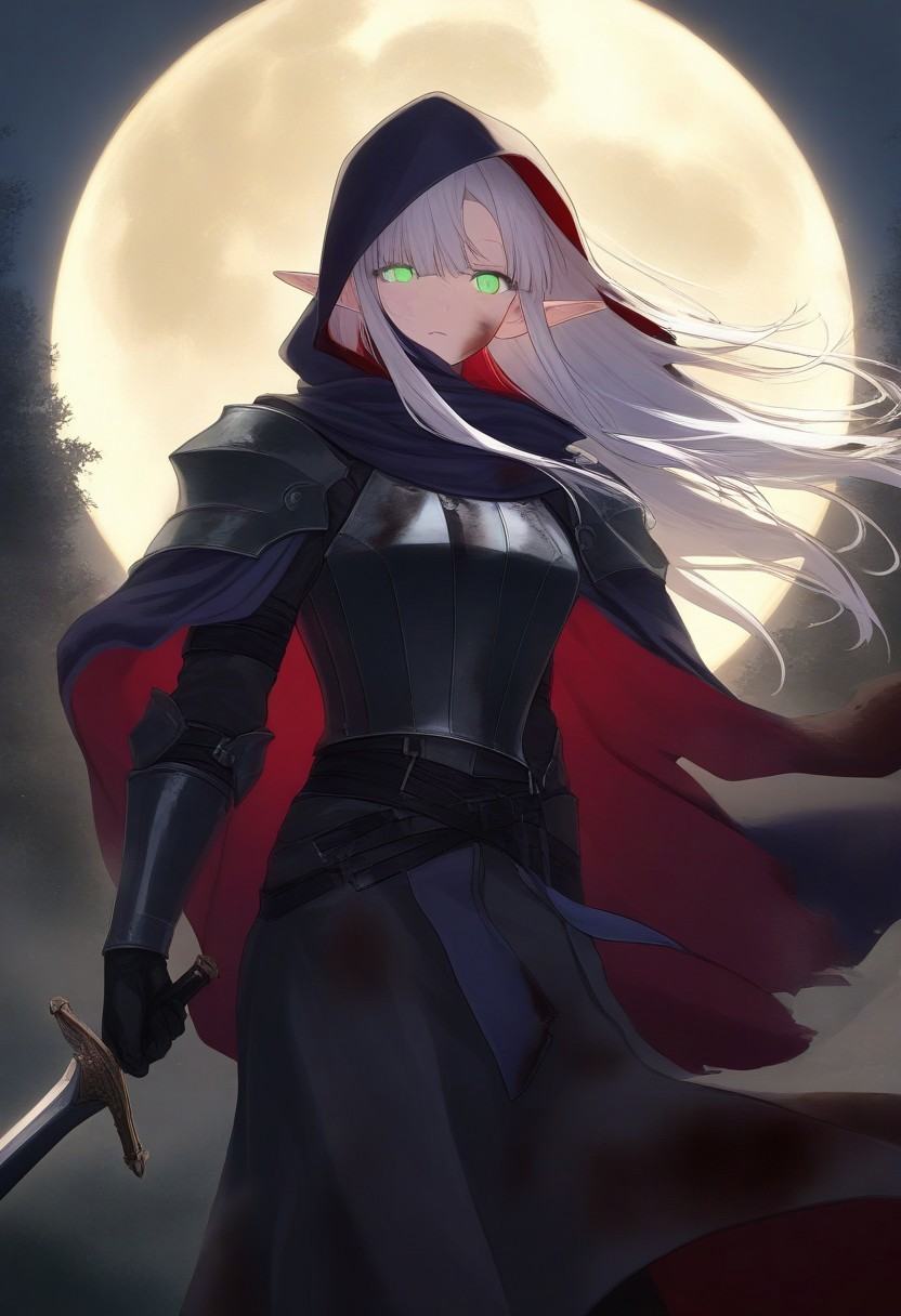 1girl, elf, long hair, messy hair, long side bangs, hair floating on wind, white hair, green eyes, glowing eyes, leather armor, robe, lowered hood, dirty, dirty clothes, blood on clothes, blood on face, holding sword, standing, dark forest, moonlight, huge full moon, masterpiece, best quality, newest, highres, opill<lora:OilPaintingILL:0.8>