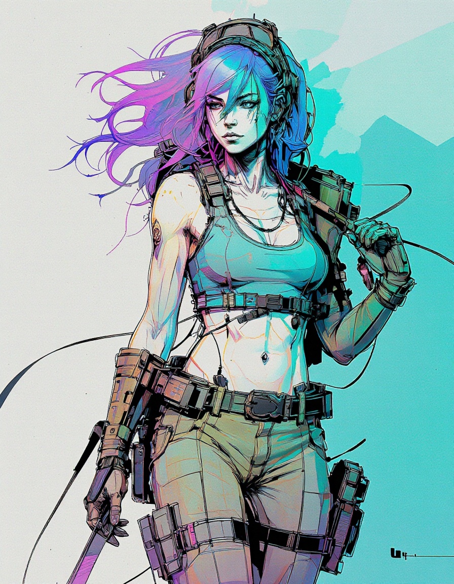 InkPunk style. A female figure with flowing purple hair,  wearing a form-fitting top and tactical pants in shades of teal...
