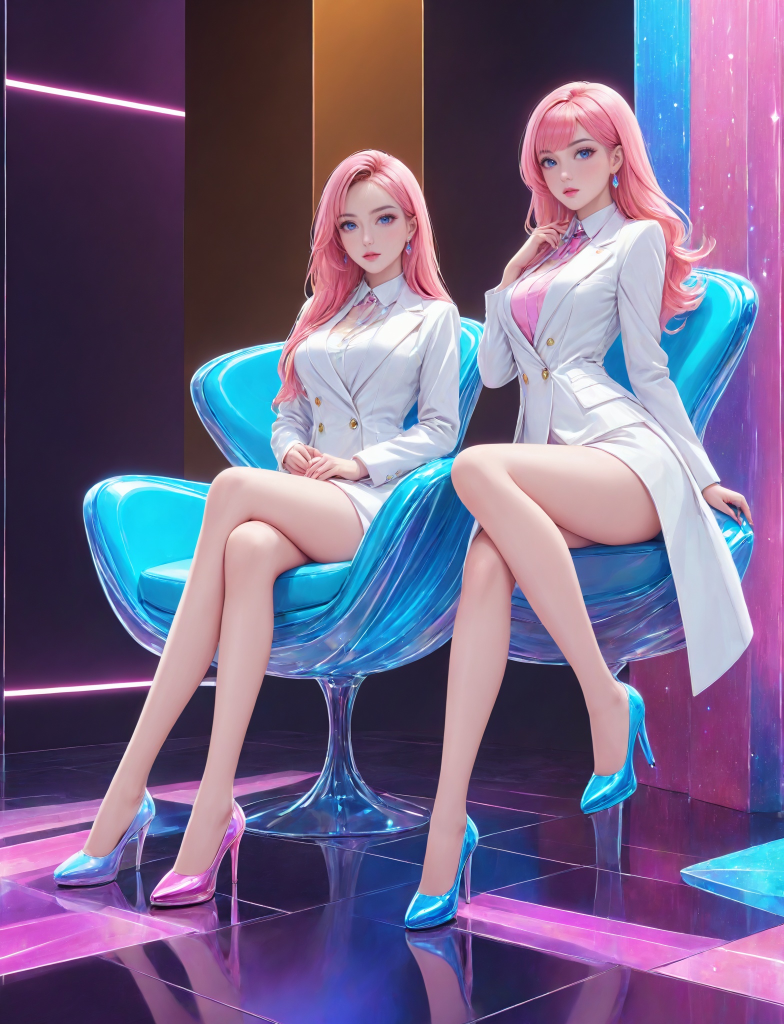 masterpiece,bestquality,candy lady,two candy ladies,white shirt,white coat,elegant sitting posture,legs,sci-fi crystal background,slender legs,candy long boots,<lora:20240730-1722271406618:0.55>,<lora:detailer-xl:1>,crystal chair,