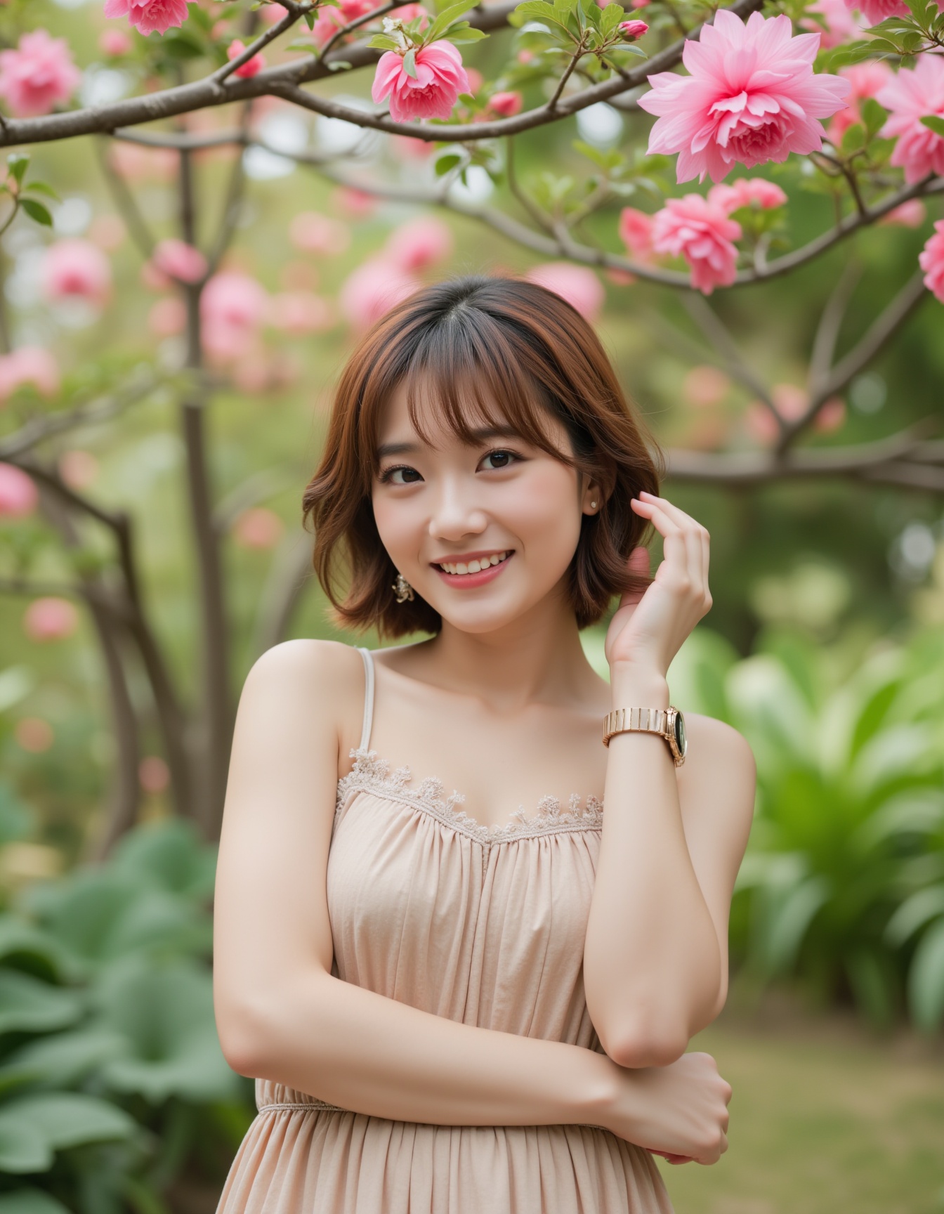 A high-quality photograph of a young woman standing in a vibrant garden,  smiling brightly. She has short,  wavy brown hai...