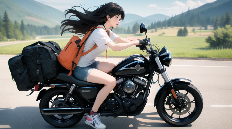 (best quality), ((masterpiece)), (highres), illustration, original, extremely detailed,ground vehicle, motor vehicle, motorcycle, holding phone, holding, phone, shoes, sneakers, long hair, 1girl, shorts, cellphone, jacket, bag, smartphone, short shorts, backpack, white footwear, sitting, outdoors, riding, black hair, day, denim