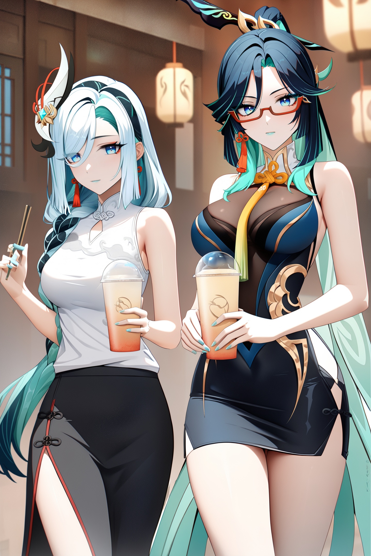 8k, best quality, masterpiece, (ultra-detailed:1.1), (high detailed skin), <lora:ganshenxian-A3-Tanger-000006:0.8>, 2girls, Xianyun \(genshin impact\), Xianyun's def clothes, shenhe \(genshin impact\), shenhe's casual clothes, long hair, skirt, glasses, breasts, blue eyes, 