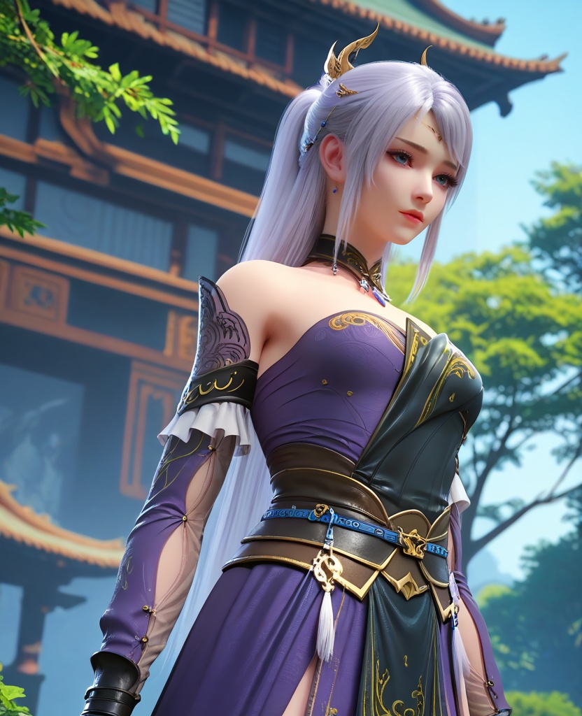 (oriental architecture, elegant decor, sophisticated style:1.1),yokozuwari,(breasts:1.2),pelvic curtain,<lora:XL16大主宰洛璃:0.95>,miss luoli,purple short dress paired with black peplum overskirt,blue eyes,white hair,long hair,half-up ponytail with long cascading hair,hair ornament,detached collar,sash,, zPDXL2, score_9, score_8_up, score_7_up BREAK realistic, masterpiece,best quality, highly detailed,, zPDXL3, zPDXL2,zPDXL, zPDXLxxx, zPDXLrl,