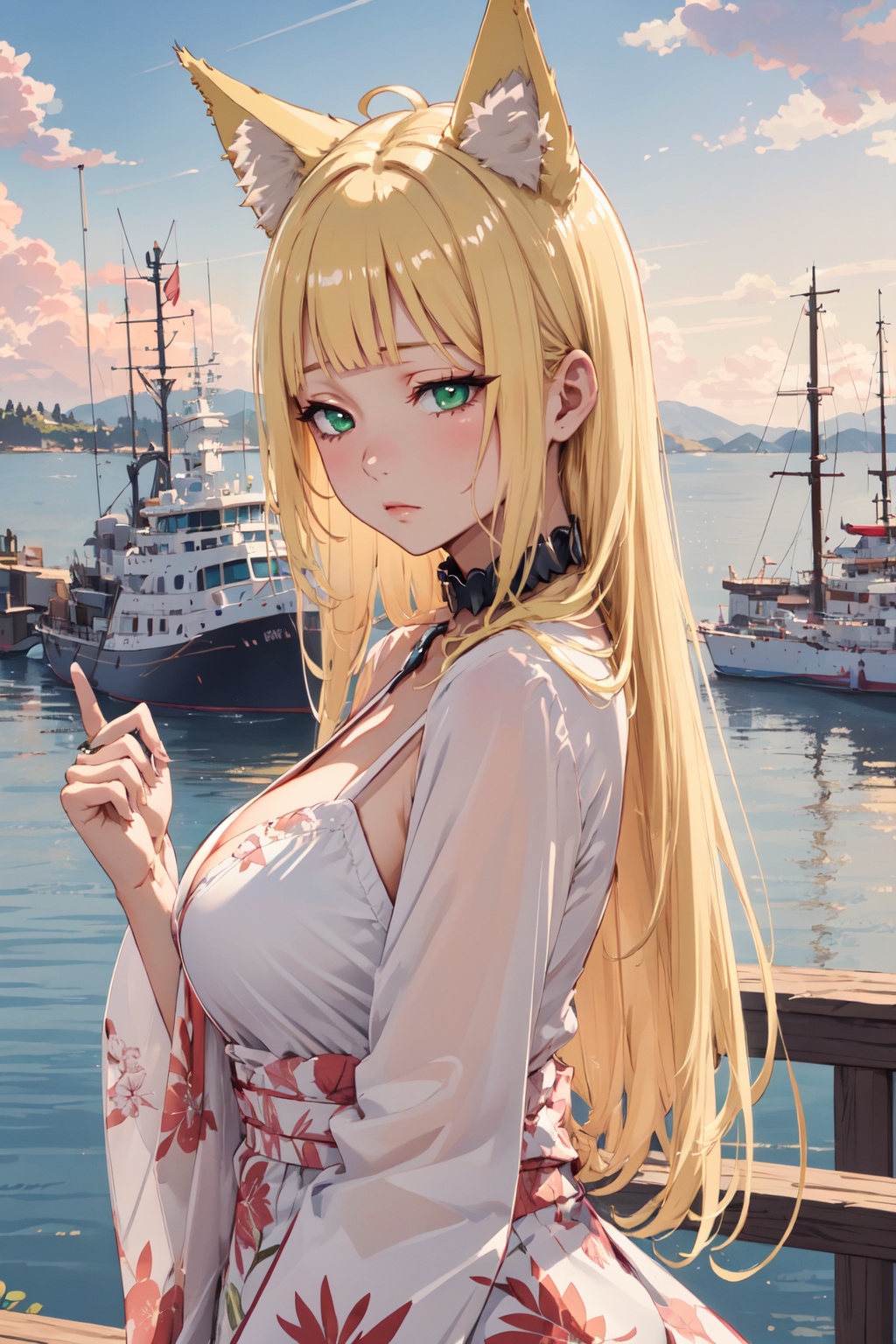 <lora:Haruhime-000012:0.8>,Haruhime cyql,1girl,looking at viewer,solo,animal ears,fox ears,blonde hair,long hair,blunt bangs,green eyes,fox tail,collar,large breasts,Tropical palm print sundress with a smocked waist and side pockets,Sleepy, Drooping eyelids, half-closed eyes, and a slightly dazed expression.,panorama,beautiful face,beautiful eyes,glossy skin,shiny skin,Busy port, Harbor, Ships, Waterfront, Trade,beautiful detailed sky,beautiful detailed glow,posing in front of a colorful and dynamic background,masterpiece,best quality,beautiful and aesthetic,contrapposto,female focus,wallpaper,fashion,