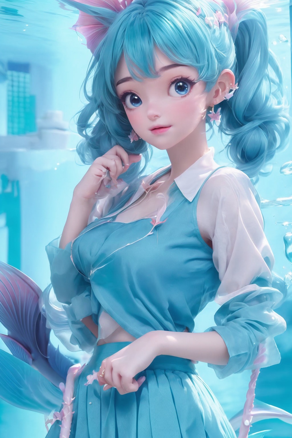 (1girl),smooth chin,masterpiece,detailed face,((hair ornament)),top quality,4k,make up,best quality,alone,single,solo,only one,one character,blush,(body blush),(detached sleeves),earrings,(blue hair),under water,(head fins),long hair,(from below),ocean,(puffy hair:1.13),head wings,frilled skirt,frilled clothes,model,looking at viewer,Cute Women,frilled shirt,bubble skirt,green skirt,full body,(detached shirt),bandeau,blue skirt,(Prayer with both hands),Masterpiece, the best quality,(The best hand)