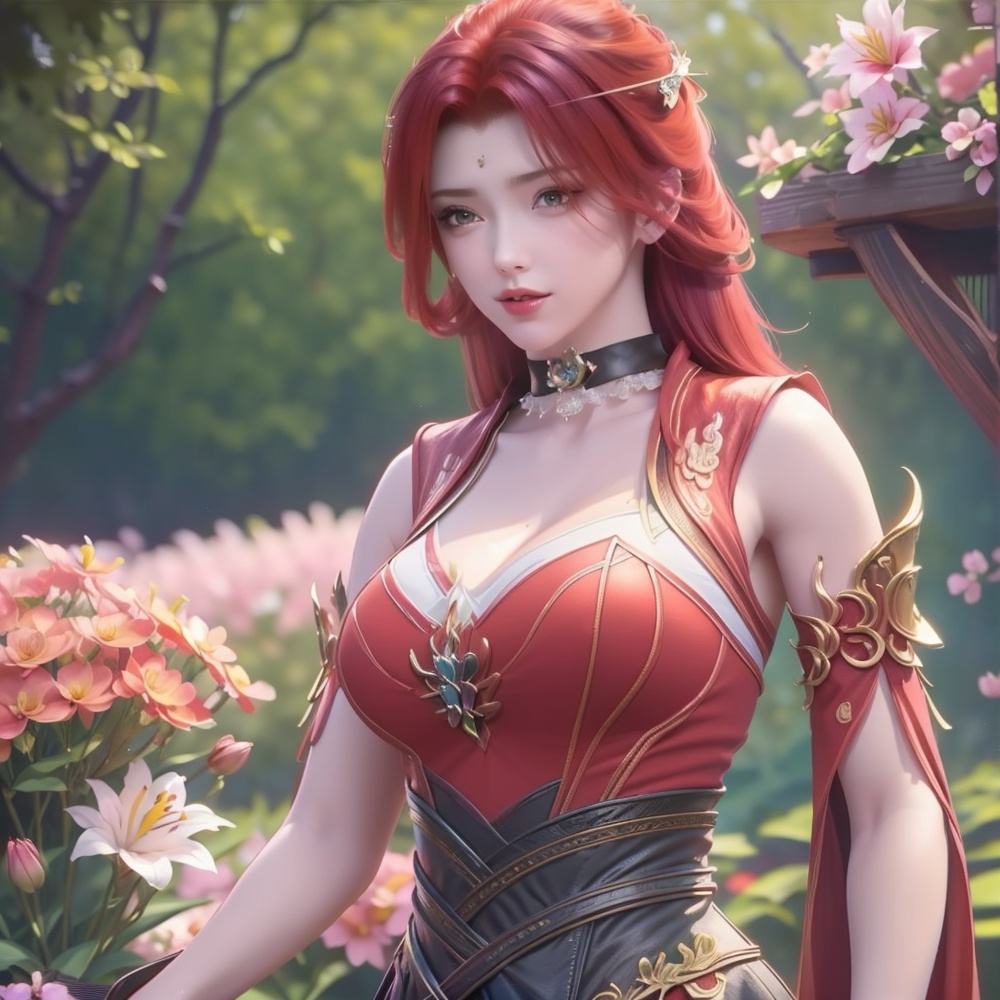 <lora:斗破苍穹-唐火儿:1>red hair,  (,1girl, ,best quality, ),looking at viewer,  ,ultra detailed 8k cg,ultra detailed background,ultra realistic 8k cg,1girl, solo,(bare shoulders:0.85),(masterpiece, best quality),((oil painting style)),sexy young lady,(beautiful face and eyes),(upper body:1.5),(whole body:1.05),(single person:1.2),surrounded by flowers, (lily), roses, floret, vegetation, white, purple, purplish pink,Impressionism,colorful,(Breast size:1.3),(cleavage),