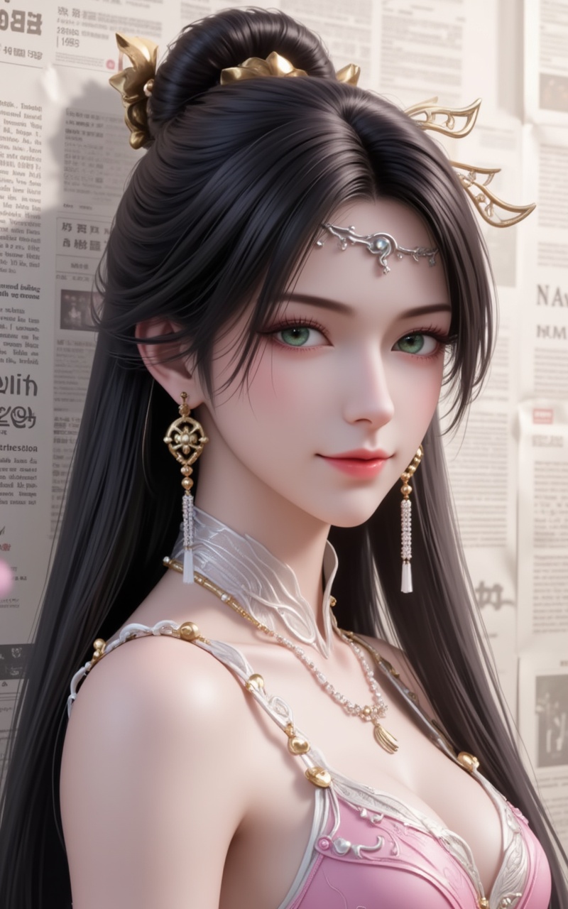 <lora:金瓶儿·衣服百搭款·6:1.1>,jinpinger,1girl,solo,hair ornament,jewelry,earrings,long hair,closed mouth,realistic,black hair,looking at viewer,smile,hair bun,green eyes,cover,gradient background,close-up details,outstanding style,adding a touch of dimension to your images without compromising details,close-up,<lora:DJ滤镜_2.5D版:0.3>,lvjing,<lora:油画唯美滤镜15:0.2>,baoshi,<lora:报纸背景·5:0.4>,baozhi,paper,newspaper,the newspaper wall,newspaper background,