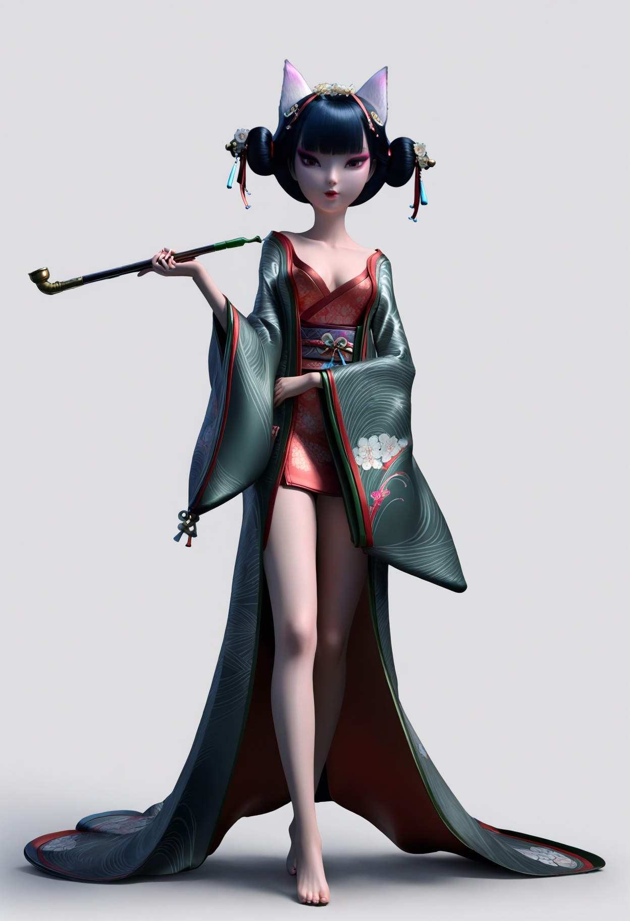 score_9,<lora:SF_BaoQingFangZhu3_Pony_Realism2.3-000003:0.7>,hair ornament,standing,clothes,1girl,breasts,hair ornament,black hair,solo,animal ears,bangs,bare legs,japanese clothes,kimono,bare feet,holding pipe,looking at viewer,white background,simple background,