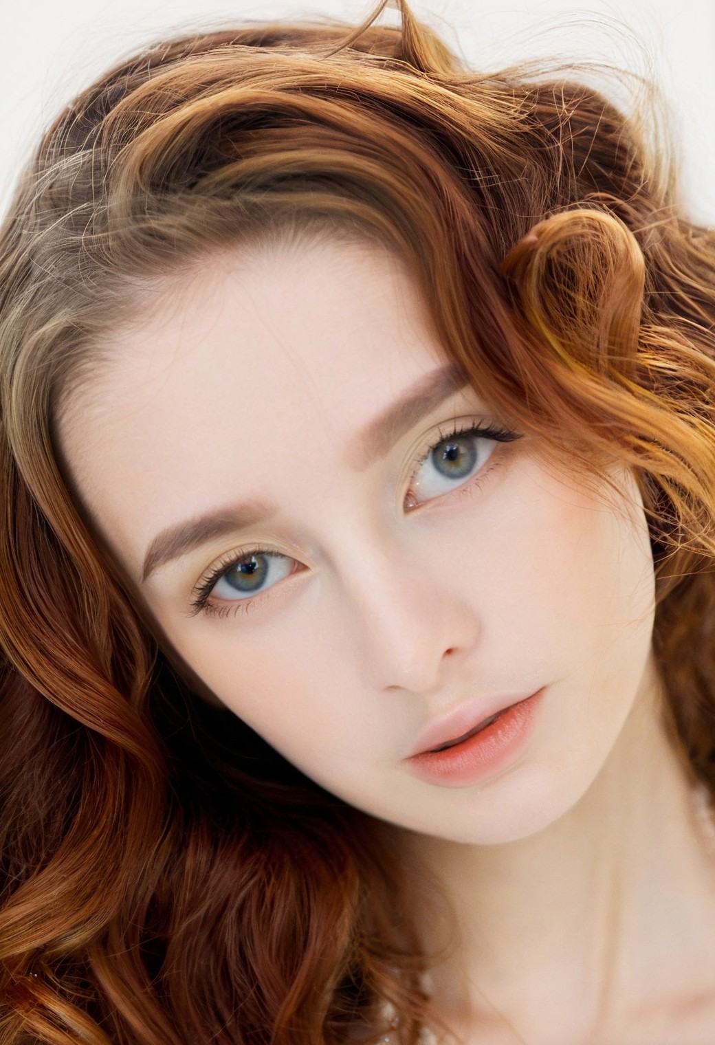 Envision a captivating artistic close-up headshot of a ohwx woman with long,  lush hair styled in curly ends. Let her gaze...