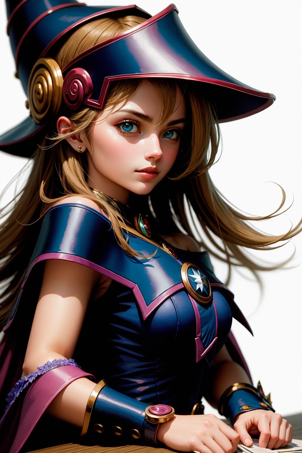 masterpiece,best quality, highly detailed, portrait,close-up,upper body,dark magician girl,1girl,solo,duel monster,wizard hat<lora:dark_magician_girl:1>,simple background,white background,