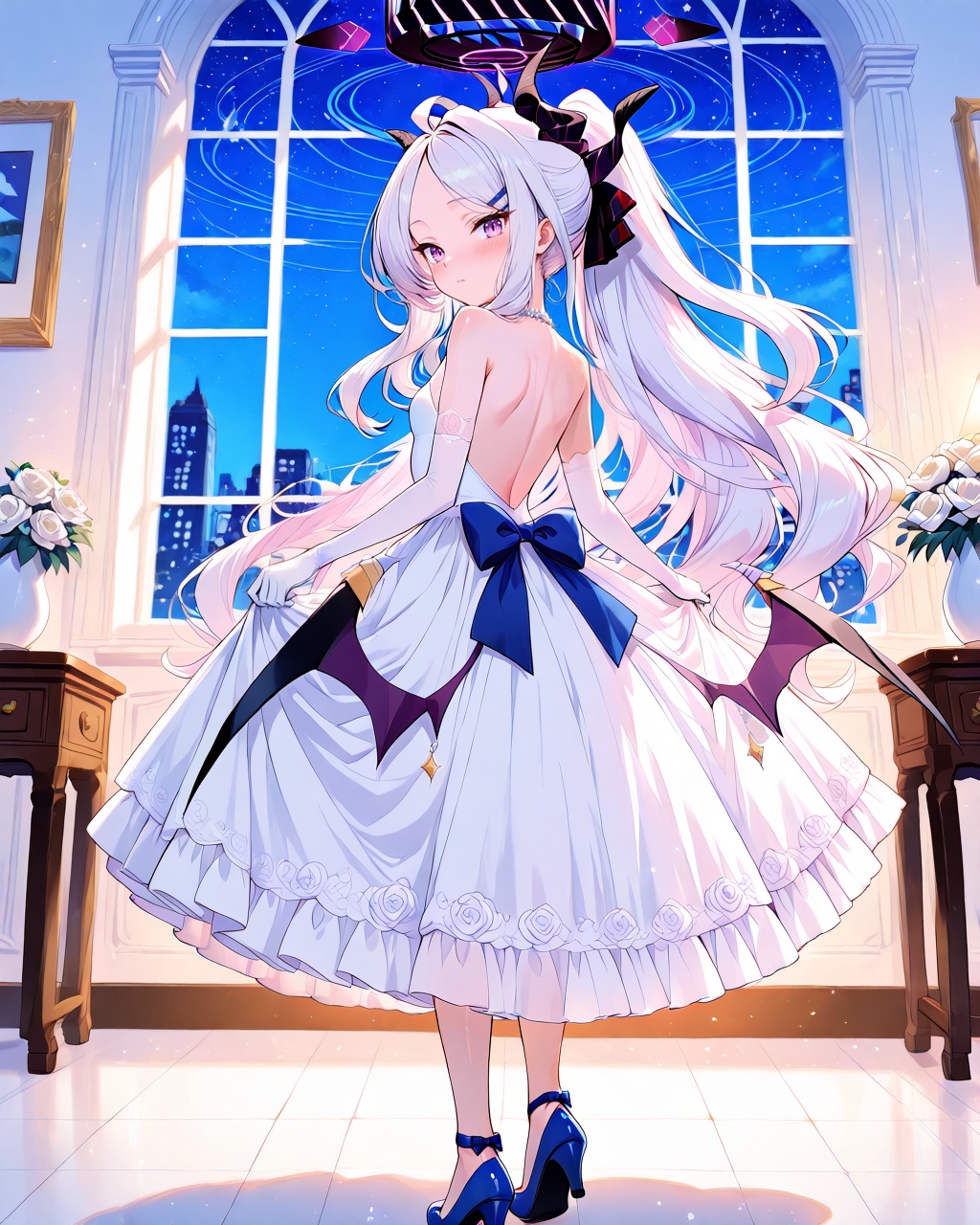 Hina (Blue Archive),O,Hina \(Blue Archive\), 1girl, hina, (blue archive), dress, solo, long hair, white hair, halo, high heels, gloves, wings, looking at viewer, purple eyes, white dress, ponytail, flower, hair ornament, looking back, elbow gloves, horns, skirt hold, backless outfit, white gloves, full body, window, indoors, backless dress, from behind, standing, parted bangs, demon wings, low wings, bare shoulders, very long hair, bangs, hairclip, blue footwear, ahoge, ((sky)), alternate costume, closed mouth, demon horns, ribbon, bare back, back, sidelocks, breasts, bow, blush, demon girl, shoes, paper, strapless, blue bow, choker, night, white flower, star, wedding dress, shoulder blades, rose, strapless dress, small breasts, starry sky, potted plant, hair ribbon(UHD),anatomically correct,accurate,textured skin,super detail,high details,award winning,best quality,high quality,retina,HD,16k,1080P,